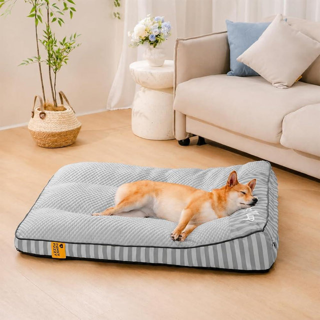 FUNNY FUZZY Cooling Orthopedic Dog Bed for Medium Large Dogs, Washable Summer Dog Sofa with Breathable Cooling Fabric, Supportive Bolster Pillow, Pet Couch Mats for Hot Sleeping Dogs(Strip Grey, M)