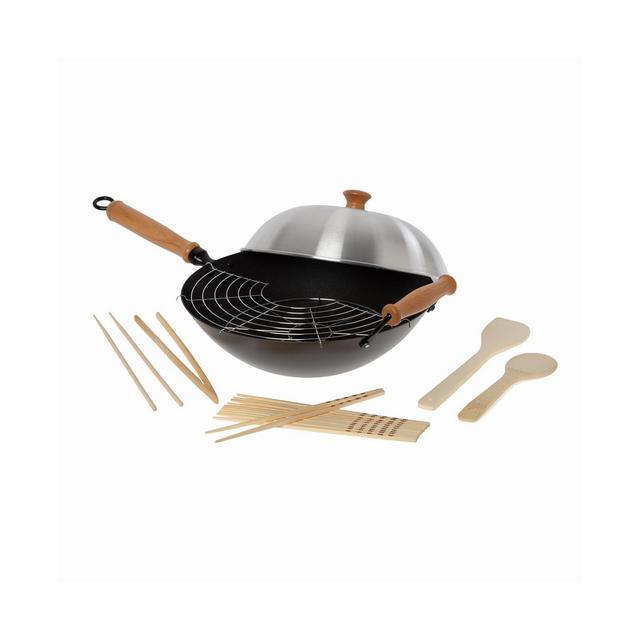 Honey Can Do Joyce Chen Professional Series 14" Carbon Steel Nonstick Wok Set with Lid and Maple Handles, 10 Pieces
