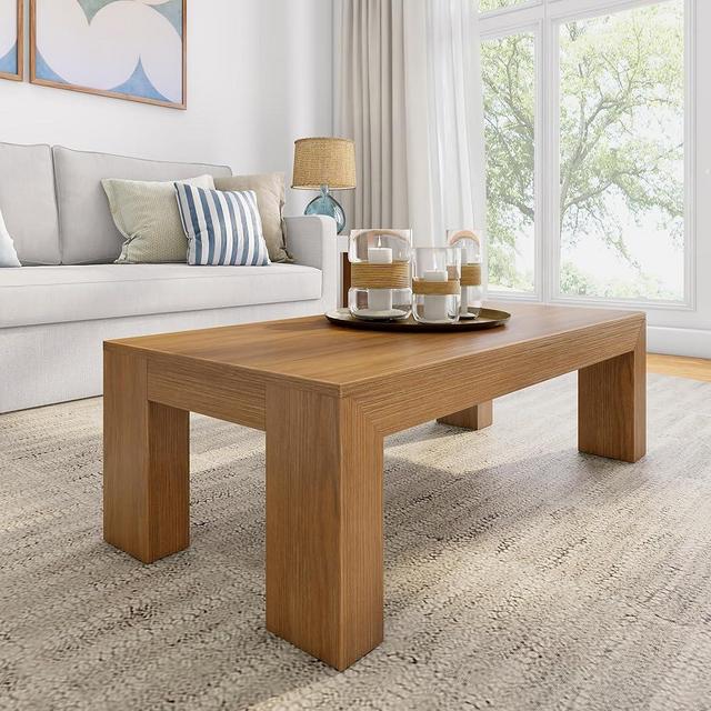 Plank+Beam Modern Rectangular Coffee Table, Solid Wood, 48 Inch, Medium Sized Coffee Table, Center Tables for Small Spaces, Living Space Medium Tea Table, Pecan Wirebrush