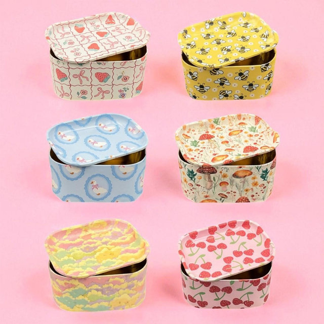 Tin Storage Box with Tray Lid, Large Metal Stash Container Cute Designs: Strawberry, Bee, Goose, Mushrooms, Clouds, Cherry