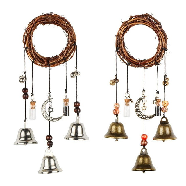 Witch Bells for Home Protection, Pagan Decor for Attracts Positive and Drive Out Negative, Hanging Silver Christmas Bells, Safacre Witch Decor Aesthetic Wind Chimes(Wishing Bottle and Gems)