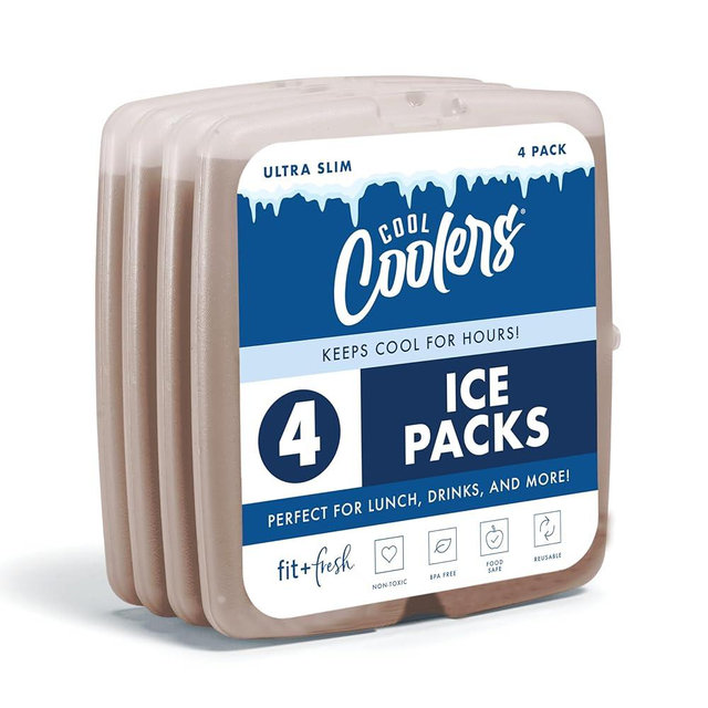 Cool Coolers by Fit & Fresh Slim Ice Packs, Quick Freeze Reusable Ice Packs for Lunch Boxes & Coolers, Long-Lasting, Space Saving Lunch Ice Packs, Taupe, 4Pk