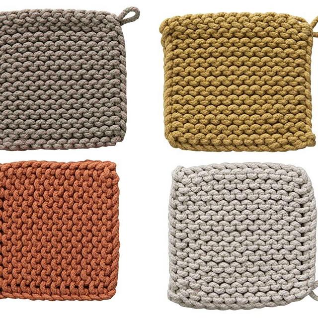 Creative Co-Op Square Cotton Crocheted Potholders/Hot Pads (Set of 4  Colors) Pot Holders, Multicolor, 4 Count