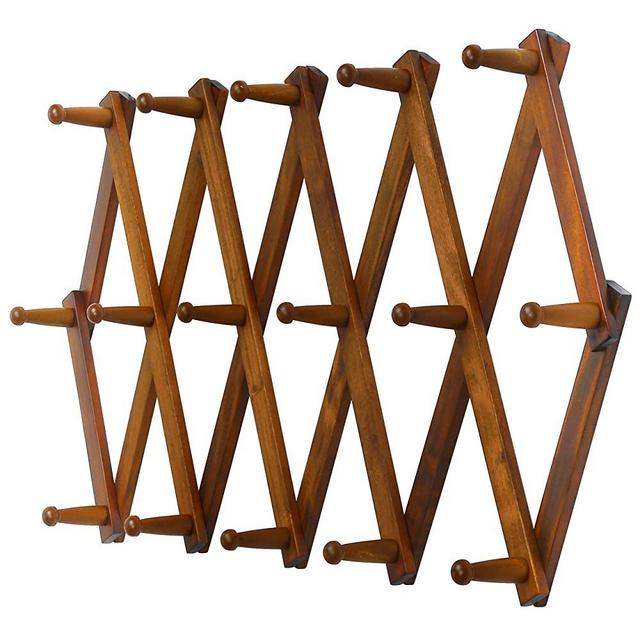 Dseap Accordian Wall Hanger: Wooden Coat Rack Wall Mounted, Hat Racks for Baseball Caps, Mug Rack, 16 Peg Hooks, Brown