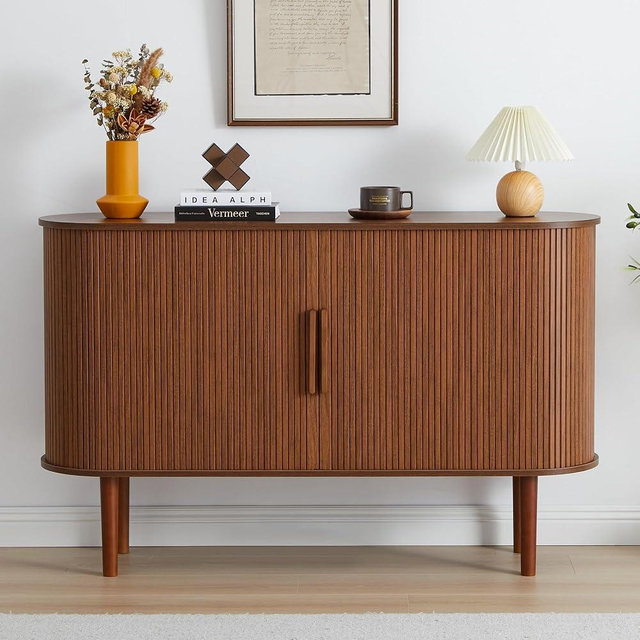 XUZENEST 53''Sideboard Buffer Cabinet with Fluted Slide Doors, Modern Credenza Storage Cabinet, Tambour Bar Console Table for Living Dining Room Kitchen Hallway Entryway, Walnut