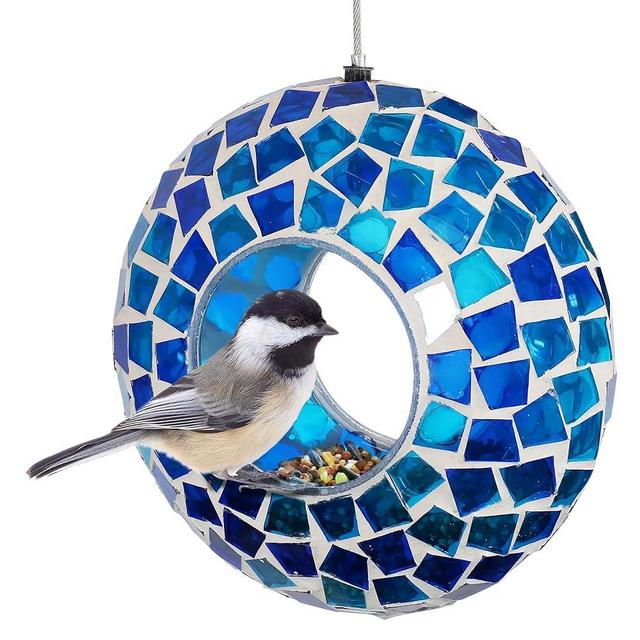 Sunnydaze 6-Inch Round Decorative Fly-Through Hanging Bird Feeder - Blue Mosaic
