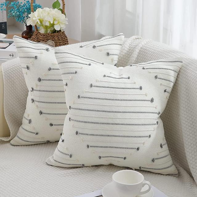 Boho Throw Pillow Covers Beige and Grey Pillow Covers 18X18 Set of 2 Farmhouse Decorative Pillow Covers for Couch Sofa Living Room