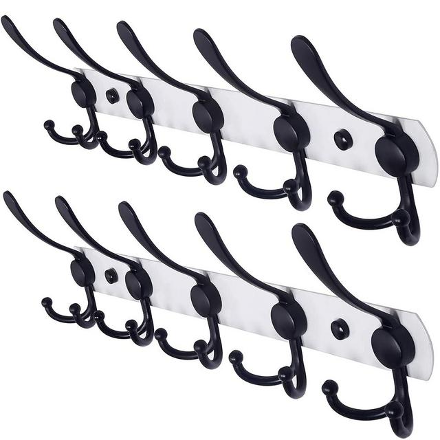 Dseap Wall Mounted Coat Rack - 5 Tri Hooks, Heavy Duty, Stainless Steel, Metal Coat Hook Rail for Coat Hat Towel Purse Robes Mudroom Bathroom Entryway (White & Black, 2 Packs)