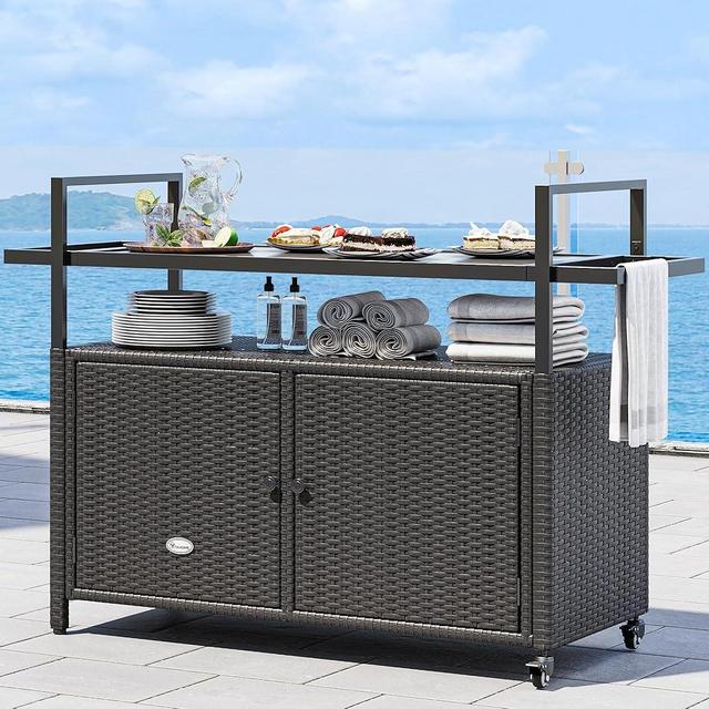 YITAHOME Large Outdoor Kitchen Wicker Island Rolling Cart & Patio Bar Table, w/Wheels and Black Glass Table Top Backyard and Poolside Dark Brown