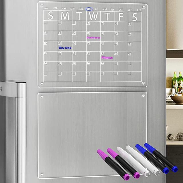 YeWink Magnetic Dry Erase Calendar Board for Fridge, 16”x12" Clear 2 Set Acrylic Calendar Planner Board for Refrigerator, Reusable Calendar Whiteboard Includes 6 Markers 3 Colors
