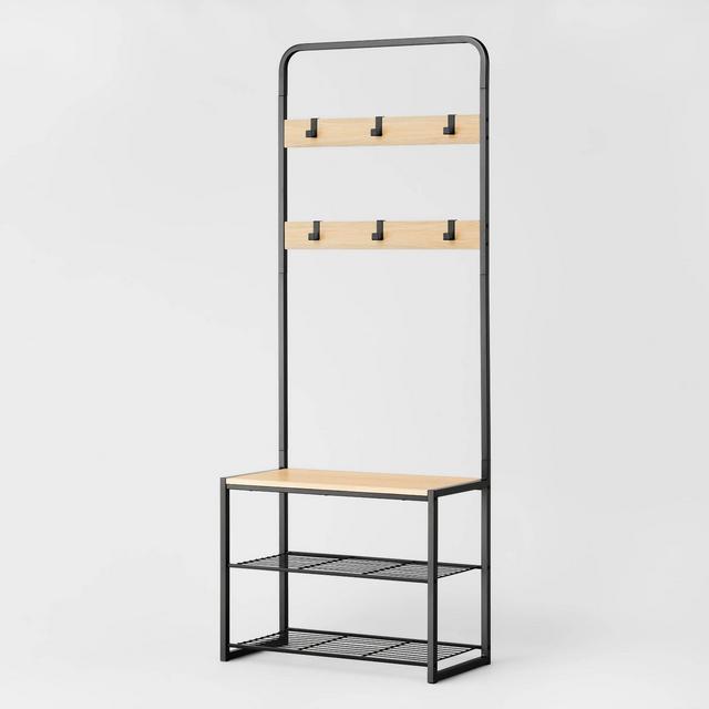 3 Tier Entry Bench with Hooks Black Metal with Natural Wood - Brightroom™