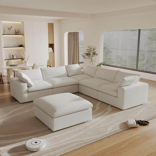 WJShome 160.6" Cloud Modular Sectional Sofa with Storage Ottomans, V Shaped Minimalist Sofa Couch, Convertible Couch Deep Seat for Living Room Sofa Sets,Sofa Covers Washable&Replaceable,White