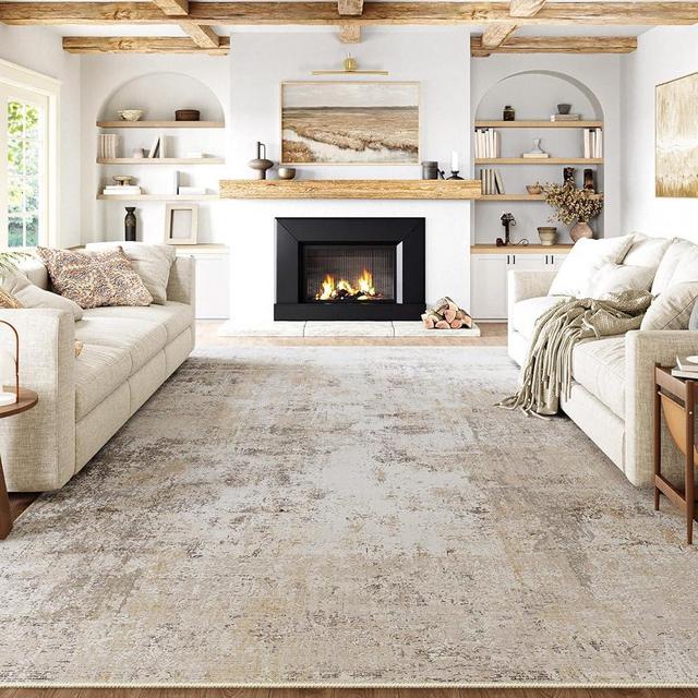 WondRg 8x10 Washable Area Rug Beige Grey Neutral Abstract Living Room Bedroom Large Throw Rug Non Slip Soft Low Pile Indoor Floor Carpet for Dining Room Kitchen Office Entryway Decor