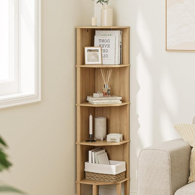 Apetaccat Corner Shelf, 5 Tier Corner Bookshelf, Display Corner Shelf Stand with Storage Rack, Wall Corner Bookshelf for Living Room, Bedroom, Office, Oak