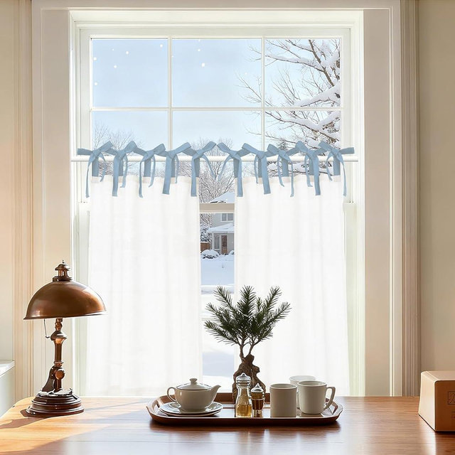jinchan Linen Tie Top Curtains 36 Inch Length Farmhouse Cafe Curtains Set of 2 for Bedroom Bathroom Rustic Small Windows Light Filtering White Panels with Blue Ties