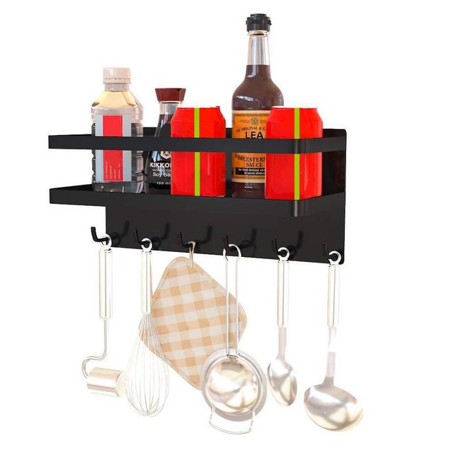MLeecxe Magnetic Spice Rack Organizer Max Load 18 Pounds Magnetic Shelf with 6 Stable Kitchen Utensil Hooks Can Hold Cooking Utensils, Tools Kitchen Garage Universal Use (With Hooks, Black)