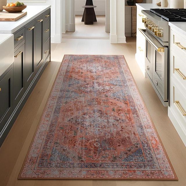 Phantoscope Hallway Runner Rug 2'x6' - Boho Washable Non-Slip Kitchen Rug Runner, Ultra-Thin Vintage Distressed Accent Throw Rug for Entryway Laundry Bathroom Bedroom, Rust/Multi