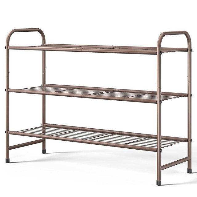 Kitsure Shoe Rack - Stainless Steel Shoe Organizer, Sturdy Shoe Rack for Closet and Front Door Entrance, Free Standing Shoe Shelf, Closet Organizers and Storage, 25.6" Wide - 3 Tier, Brown