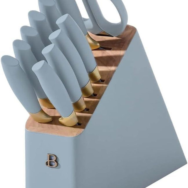 Beautiful 12-Piece Stainless Steel Knife Block Set by Drew Barrymore, Soft-Grip Ergonomic Handles, Stick-Resistant Coating (Cornflower Blue)
