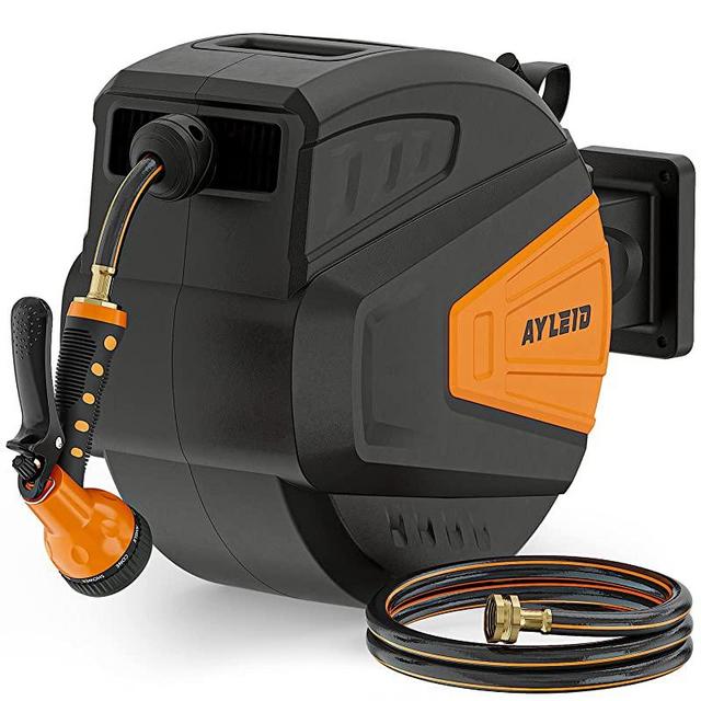 Ayleid Retractable Garden Hose Reel,3/5 in x 100 ft Wall Mounted Hose Reel, with 9- Function Sprayer Nozzle, Any Length Lock/Slow Return System/Wall Mounted/180°Swivel Bracket (Black)