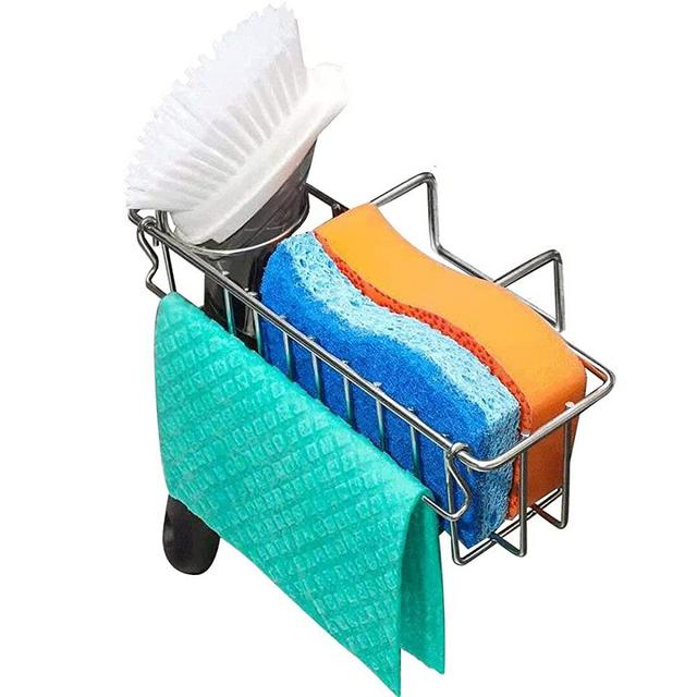 3-in-1 Sponge Holder for Kitchen Sink, Movable Brush Holder + Dish Cloth  Hanger, Hanging Caddy, Small in Organizer Accessories Rack Basket, 304