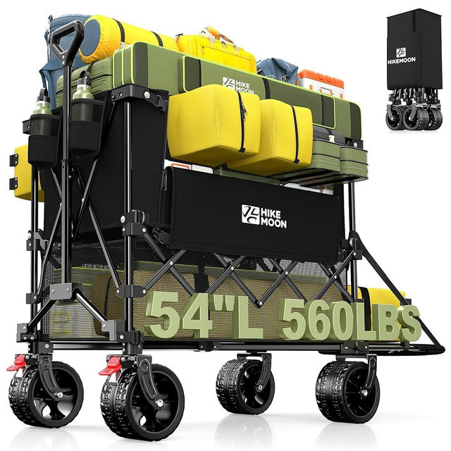 Hikemoon 400L Double Decker Wagon with Tailgate 54'' Extra Long, 560LBS Heavy Duty Wagons Carts Foldable, Big All-Terrain Wheels with Brakes, Utility Folding Cart for Beach, Camping, Sports, Black