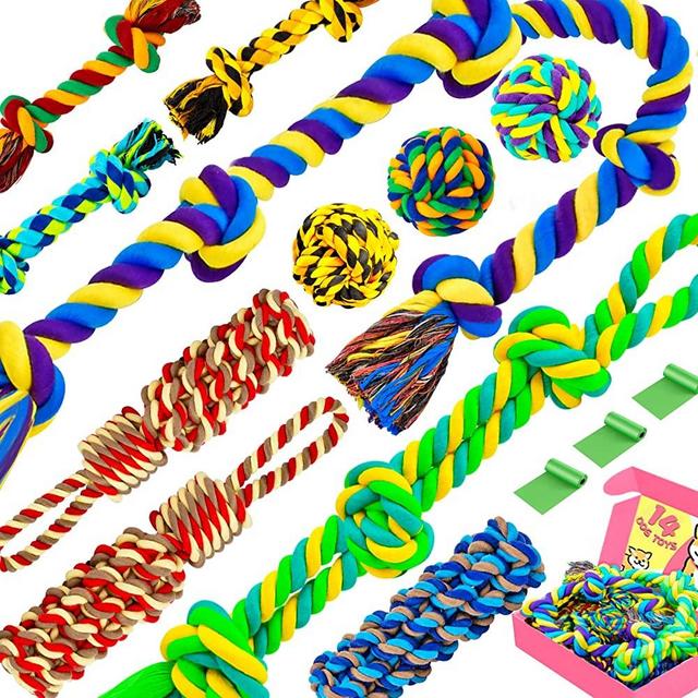 XL Dog Chew Toys for Aggressive Chewers Large Breed, 14 Pack Tough Indestructible Dog Toys for Aggressive Chewers, Durable Puppy Chew Toys for Teething, Heavy Duty Cotton Dog Rope Toys for Large Dogs