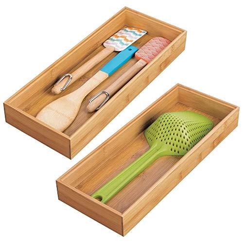 mDesign Bamboo Kitchen Cabinet Drawer Organizer Stackable Tray Bin - Eco-Friendly, Multipurpose - Use in Drawers, on Countertops, Shelves or in Pantry - 15" Long, 2 Pack - Natural Wood Finish