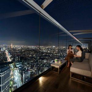 Sunset at The Roof, Shibuya Sky overlooking Tokyo