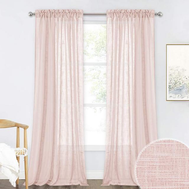 RYB HOME Linen Textured Sheer Curtains for Farmhouse, Solid Voile Drapes Light & Airy Semi Sheer Window Decoration for Patio Doorway/Dining Area, Pink, Width 52 inch x Length 95 inch, Set of 2