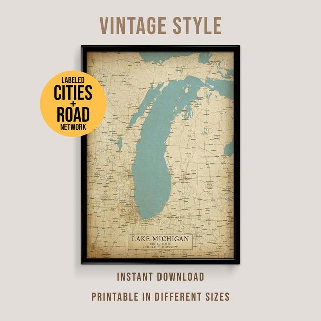 Lake Michigan Vintage Style Map, Printable Lakes House Poster (Instant Download)