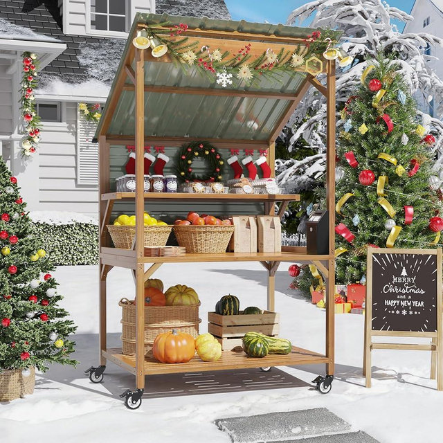 GDLF Farm Stand，Wooden Farmers Market Stand with Metal Roof for Farmhouse Decor, Events & Small Business Display