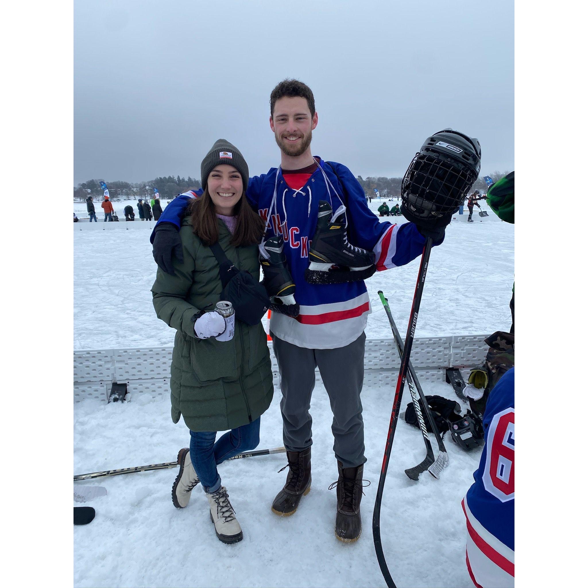 Jake participates in the National Pond Hockey Tournament. Claire fulfills her dream of dating a hockey player.