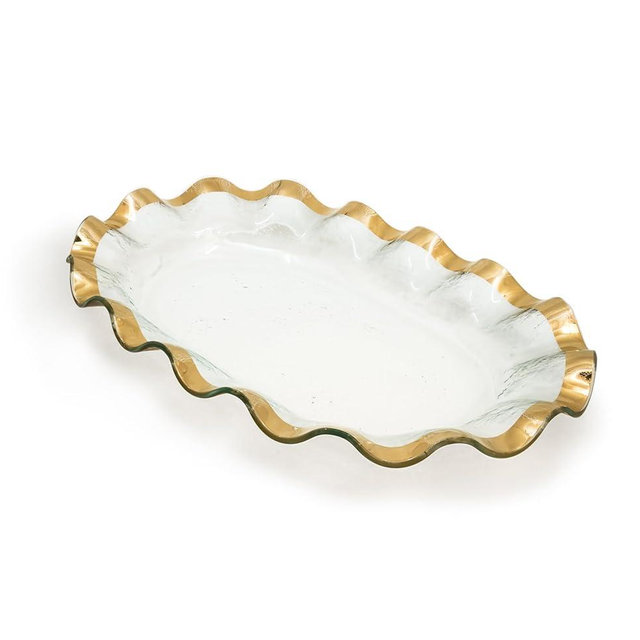 Annieglass Ruffle 19 x 12 Inch Large Shallow Oval Bowl with 24k Gold, Timeless Glass Tableware for all Occasions, Made in the USA