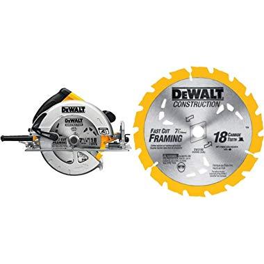 DEWALT DWE575SB 7-1/4-Inch Lightweight Circular Saw with Electric Brake and 7-1/4-Inch 18 Tooth ATB Thin Kerf Framing Saw Blade with 5/8-Inch and Diamond Knockout Arbor