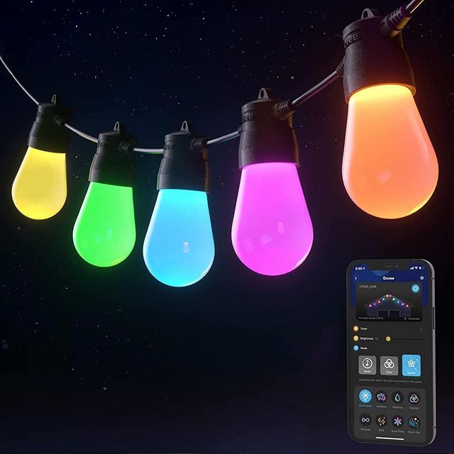 Govee Bluetooth 48ft RGBW Outdoor String Lights, Patio Lights App Control, IP65 Waterproof Color Changing lights15 LED Bulbs with DIY and 8 Scene Modes, Connectable and Dimmable for Backyard, Party