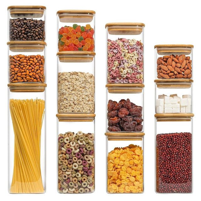 ComSaf Airtight Glass Storage Canister with Bamboo Lid (18oz/22oz/27oz/37oz/50oz/71oz) Set of 12, Clear Food Storage Container Kitchen Pantry Storage Jar for Flour Cereal Sugar Tea Coffee Beans Snacks
