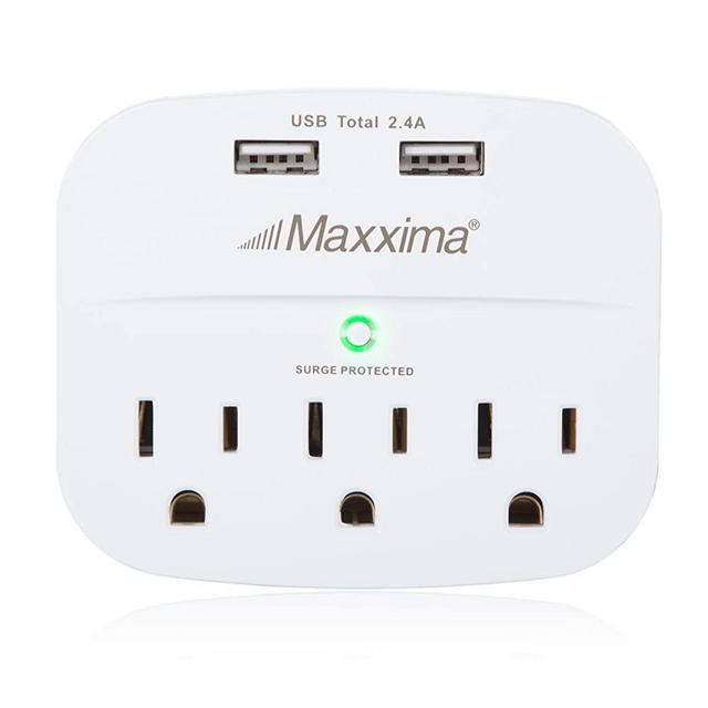 Maxxima 3 Outlet Dual USB Grounded Adaptor Plug 2.4A Port 490 Joules Surge Protector