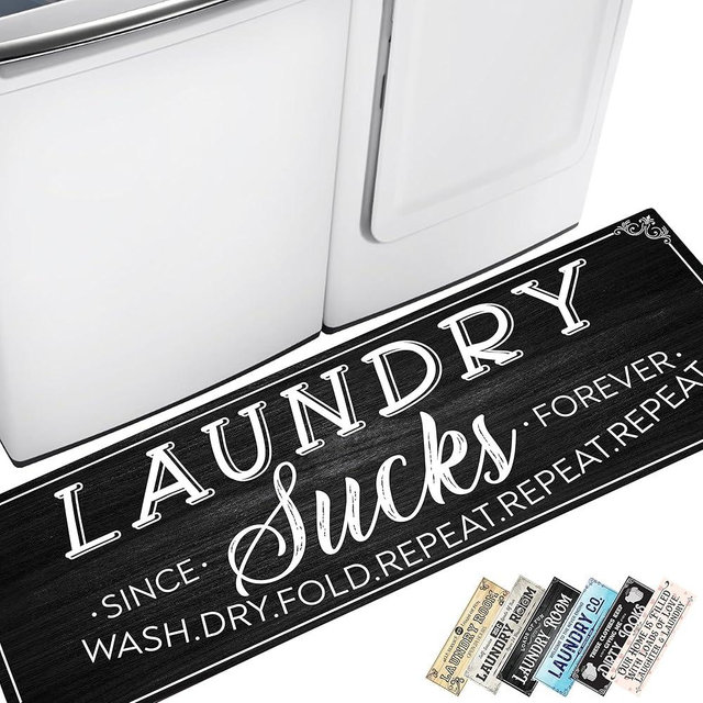 Tapeera Farmhouse Laundry Mat - 20" x 59" Non-Slip Rubber Backed Rug for Bathroom & Laundry Room Decor (Black)