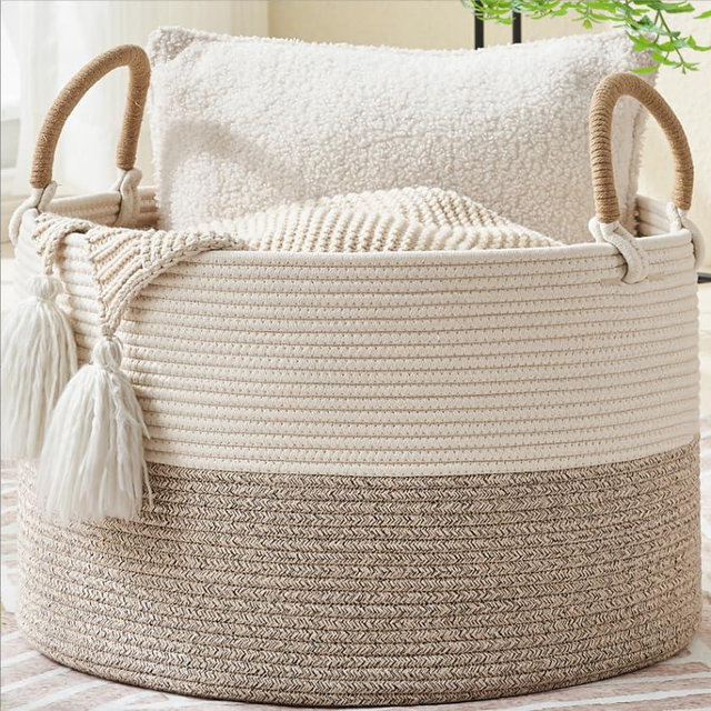 KAKAMAY Cotton Rope Storage Basket (20"x13"),Woven Hamper for Blankets,Toys,Pillows,Clothes,Laundry,Sturdy Handles Decorative Basket for Living Room, Bedroom,Nursery(Beige)