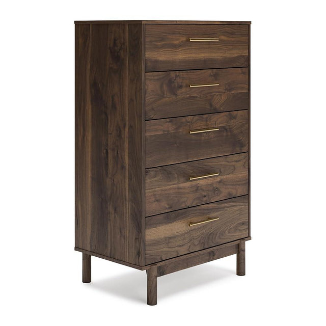 Signature Design by Ashley Calverson Contemporary 5 Drawer Chest of Smooth-Gliding Drawers and Safety Stop, Dark Brown