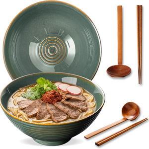 8 Inch Ceramic Ramen Bowl Set of 2, 40oz Japanese Bowls with Spoons & Chopsticks,Durable,Microwave & Dishwasher Safe,Perfect for Ramen,Pho,Salad,Soup,Noodles，Mixing bowls（Dark Teal）