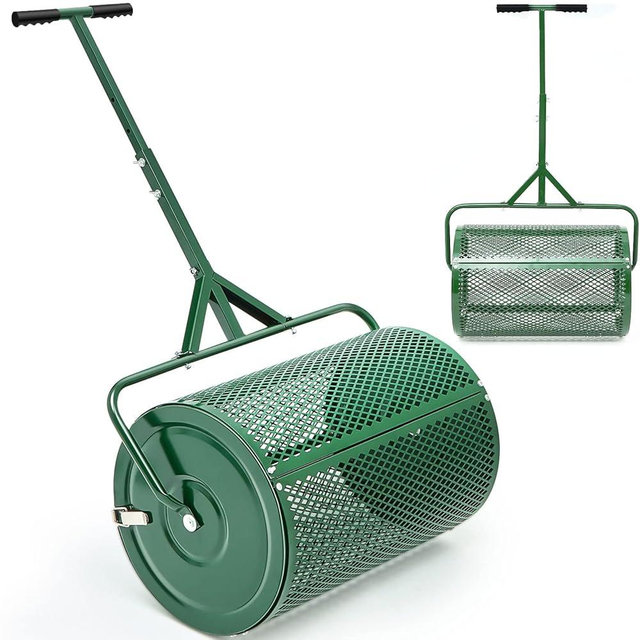 Hiboom 24 Inch Compost Spreader, Peat Moss Spreader, Manure Roller with Adjustable T Shaped Handle, ​Lightweight Metal Mesh for Lawn Garden Spreading Manure Topsoil (Green)