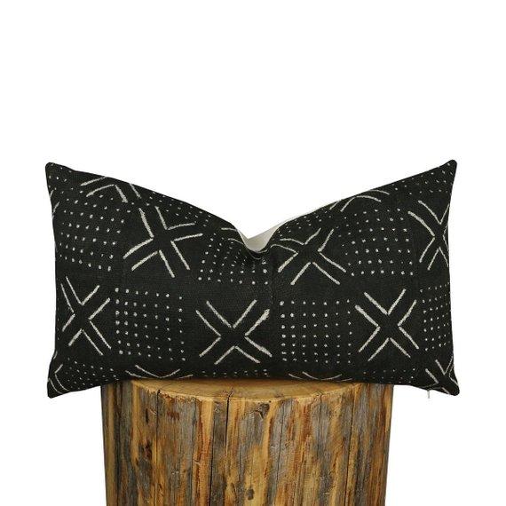 FABUMI LUMBAR - Mudcloth Lumbar Throw Pillow Cover Various Sizes Black with off white detail