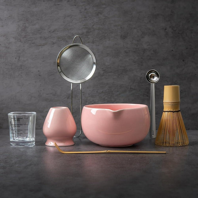 YIBO Matcha Whisk Set Pink, Handcrafted Bamboo Chasen & Ceramic Bowl Matcha Kit, Holder, Stainless Steel Sifter, Scoop Measuring Spoon & Cup Tools for Matcha Tea Ceremony
