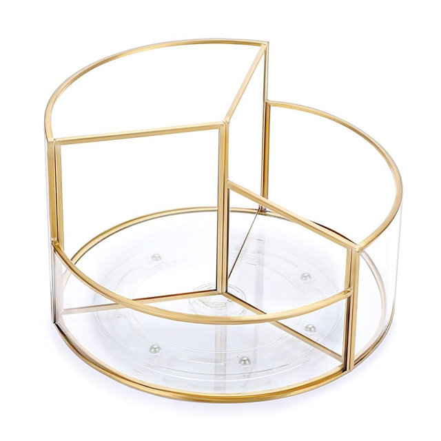 Hipiwe 360 Rotating Makeup Organizer 3-Slot Gold Glass Spinning Cosmetic Display Case Round Vanity Storage Holder Dresser Bathroom Organizer for Prefume Makeup Bushes Lipsticks