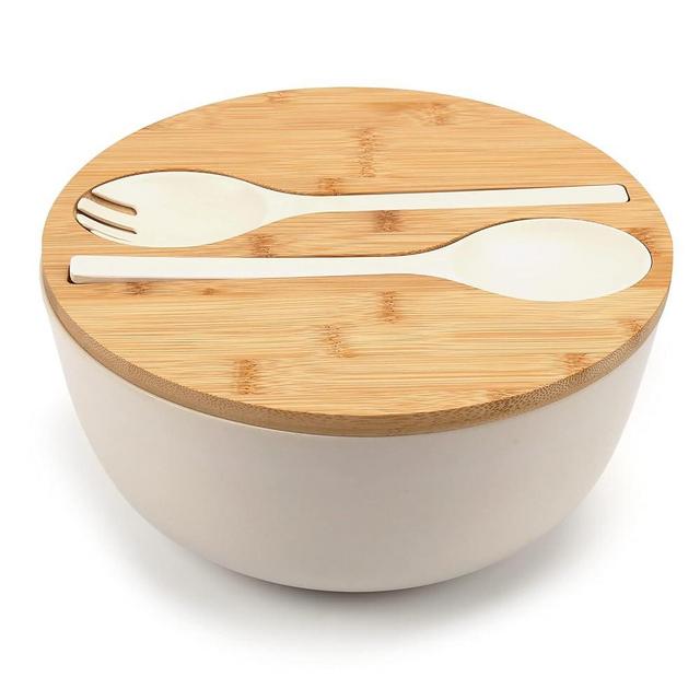 Large Salad Bowl with Lid, Bamboo Fiber Salad Serving Bowl Set with Utensils, 9.8inches Mixing Bowl with Servers, Solid Bamboo Wooden Bowl for Salad, Fruits, Vegetables and Pasta (White)