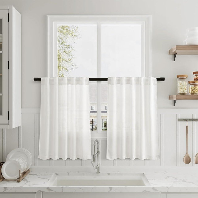 Nanspring Ivory Linen Kitchen Curtains 30 Inches Long 2 Panels Back Tab Rod Pocket Farmhouse Light Filtering Semi Sheer Short Curtain Solid Privacy Cafe Tier Drapes for Bathroom Basement Camper 30x30