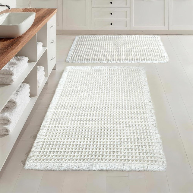 Lunofox Set of 2 Waffle Bathroom Rugs, Super Absorbent Boho Bath Mats, Non-Slip Shower Mats for Bathroom Floor and Tub, Ultra Soft Waffle Weave Runner Mat, Quick Dry, Cream, 17x24+18x30 Inch
