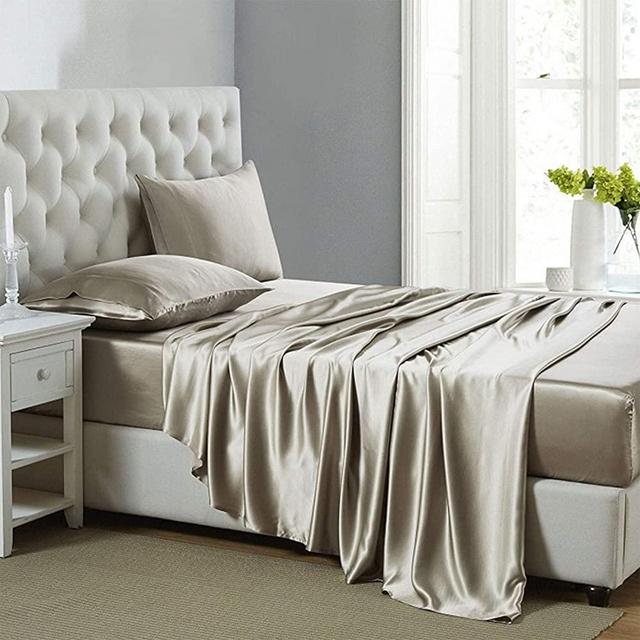 Lanest Housing Silk Satin Sheets, 4-Piece California King Size Satin Bed Sheet Set with Deep Pockets, Cooling Soft and Hypoallergenic Satin Sheets Cal King - Taupe